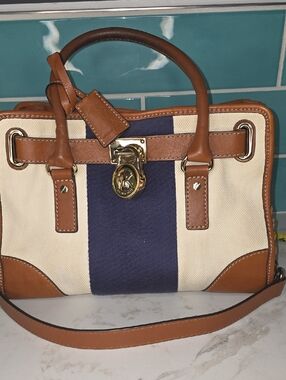 Michael Kors Hamilton MonoNavy and Tan Stripe Canvas Tote with Gold Hardware